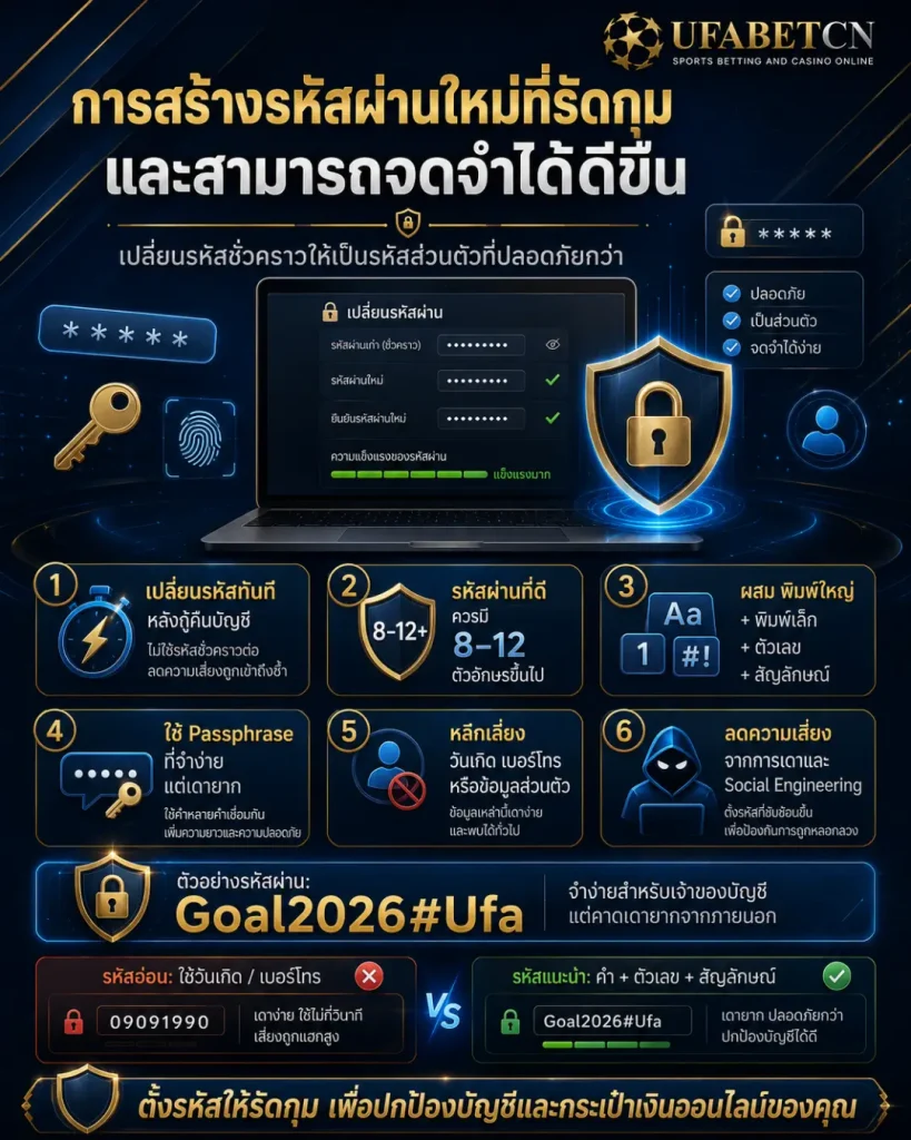 ภาพอินโฟกราฟิกแนะนำการสร้างรหัสผ่าน UFABET ใหม่ให้ปลอดภัย โดยใช้รหัส 8–12 ตัวอักษร ผสมตัวพิมพ์ใหญ่ พิมพ์เล็ก ตัวเลข และสัญลักษณ์ พร้อมตัวอย่าง passphrase