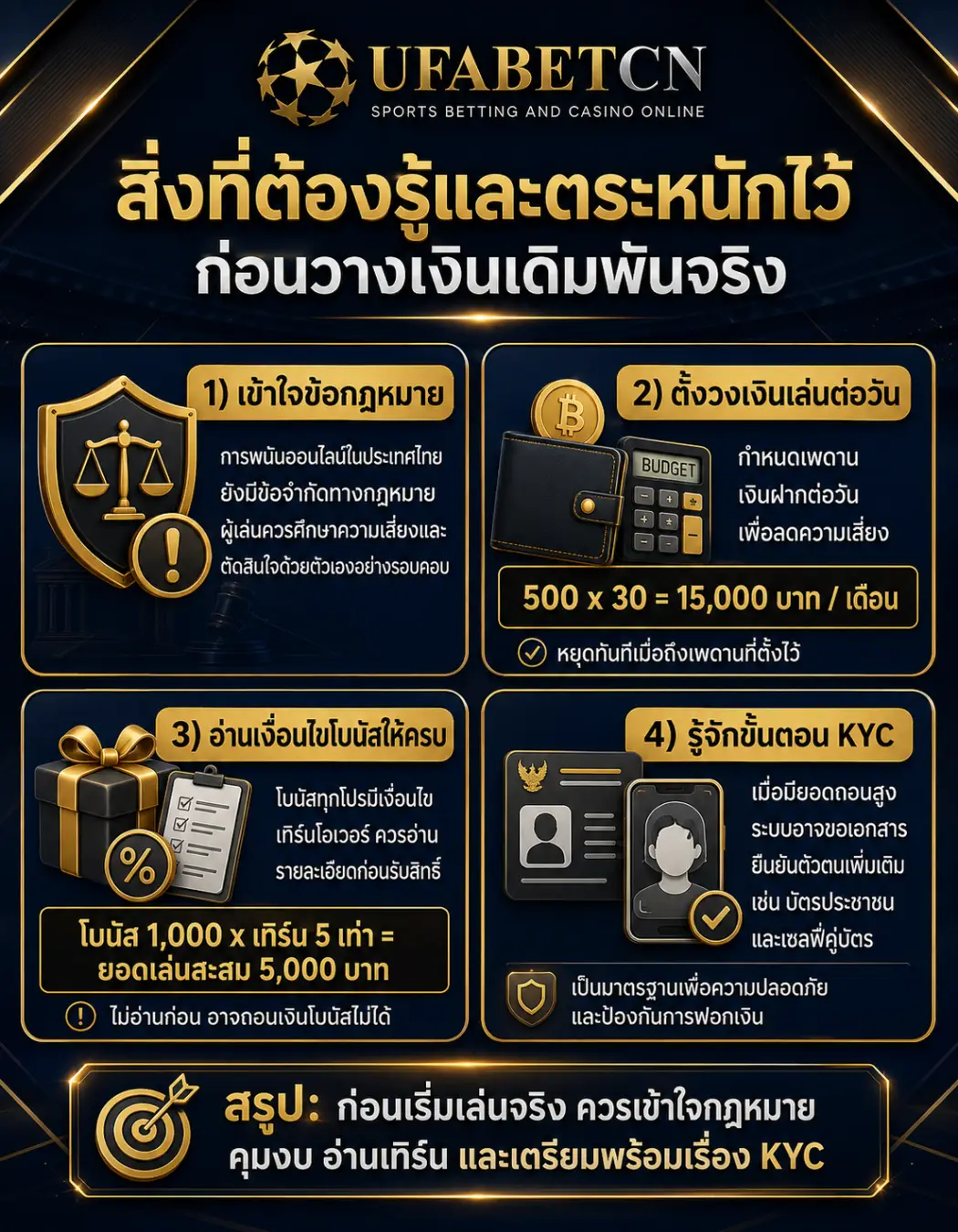 สิ่งที่ต้องรู้ก่อนวางเงินเดิมพันจริง | กฎหมาย งบเล่น โบนัส KYC