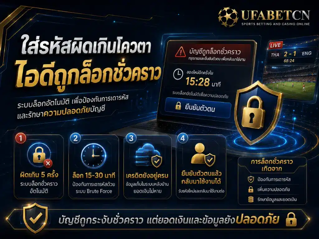 ภาพอธิบายผลกระทบเมื่อใส่รหัสผ่าน UFABET ผิดเกิน 5 ครั้ง บัญชีจะถูกล็อกชั่วคราว 15–30 นาที แต่เครดิตและข้อมูลยังปลอดภัย