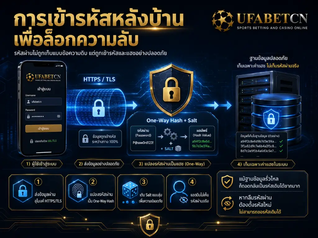 ภาพอินโฟกราฟิกอธิบายการเข้ารหัสหลังบ้านของ UFABET ตั้งแต่การส่งรหัสผ่านผ่าน HTTPS/TLS การแปลงเป็น One-Way Hash พร้อม Salt และการจัดเก็บค่าแฮชในฐานข้อมูลอย่างปลอดภัย