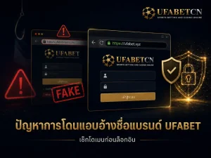 ภาพหน้าปกเตือนภัยเว็บแอบอ้างชื่อแบรนด์ UFABET พร้อมเปรียบเทียบโดเมนปลอมกับโดเมน ufabet.xyz และแนะนำให้ตรวจสอบ URL ก่อนเข้าสู่ระบบ