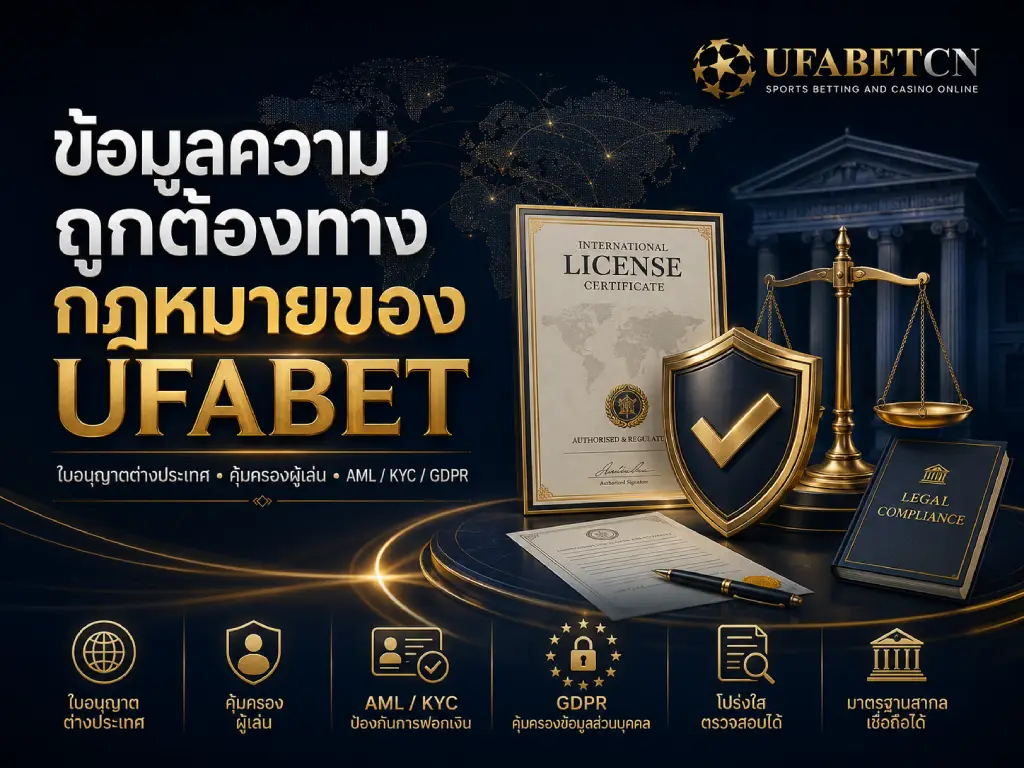 ภาพหน้าปกอธิบายข้อมูลความถูกต้องทางกฎหมายของ UFABET พร้อมใบอนุญาตต่างประเทศ มาตรการ AML และ KYC การคุ้มครองข้อมูลตาม GDPR และมาตรฐานกำกับดูแลสากล