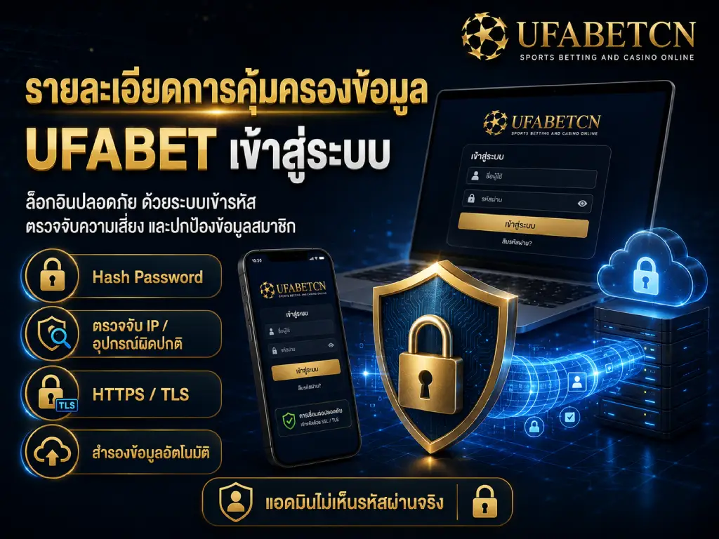 ภาพอินโฟกราฟิกแสดงระบบคุ้มครองข้อมูล UFABET เข้าสู่ระบบ พร้อมการเข้ารหัส SSL/TLS การจัดเก็บรหัสผ่านแบบ Hash การตรวจจับ IP และระบบสำรองข้อมูล