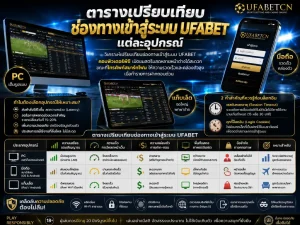 ภาพเปรียบเทียบช่องทางเข้าสู่ระบบ UFABET ผ่านคอมพิวเตอร์ มือถือ และแท็บเล็ต พร้อมข้อดีด้านความเสถียร ความเร็ว การฝากถอน และพื้นที่แสดงผล