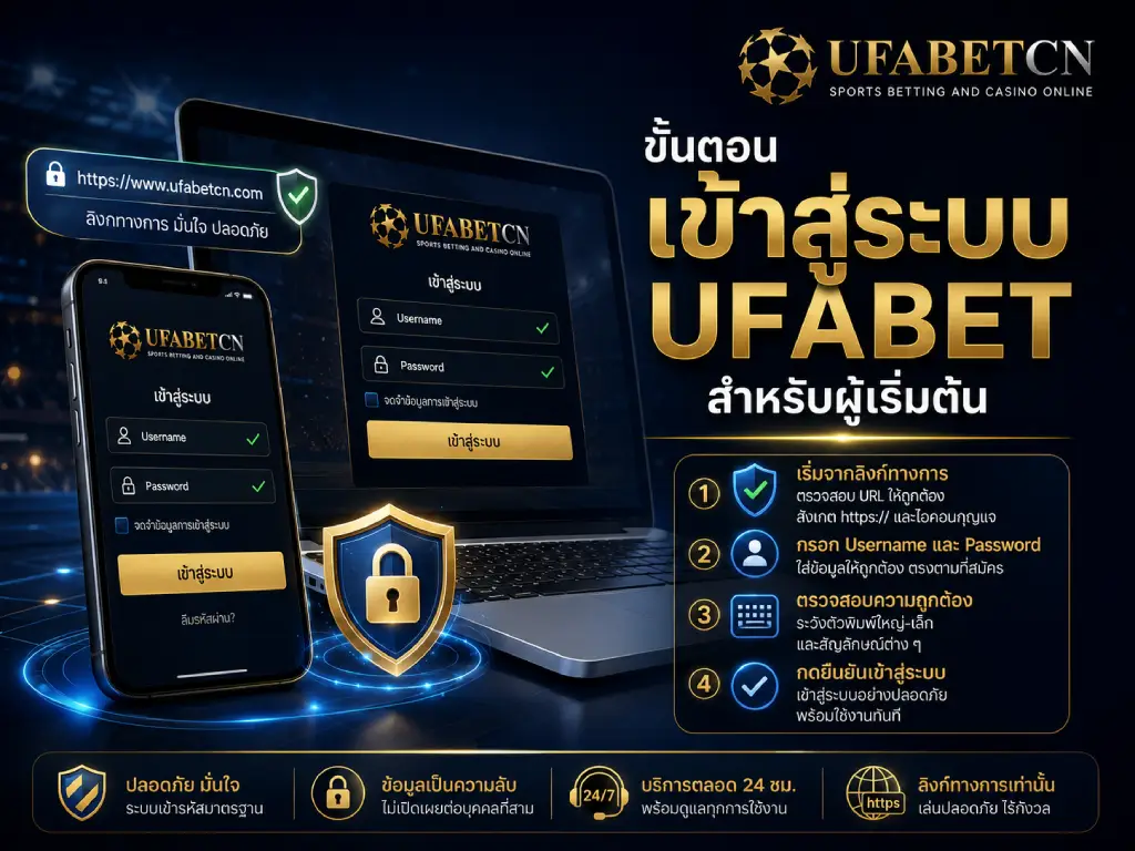 ภาพหน้าปกแนะนำขั้นตอนเข้าสู่ระบบ UFABET สำหรับผู้เริ่มต้น ตั้งแต่ตรวจสอบลิงก์ทางการ กรอก Username และ Password ไปจนถึงยืนยันการล็อกอินอย่างปลอดภัย