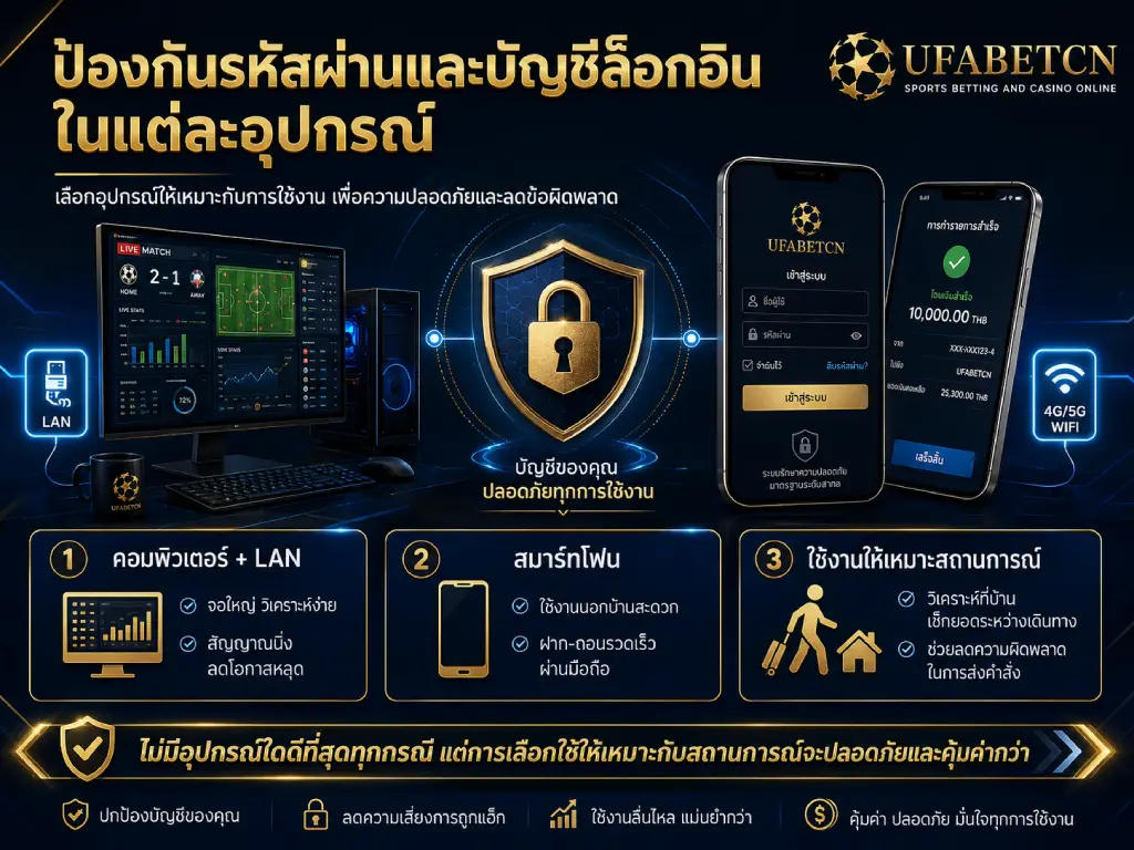 ภาพสรุปการป้องกันรหัสผ่านและบัญชีล็อกอิน UFABET บนคอมพิวเตอร์และสมาร์ทโฟน พร้อมแนวทางเลือกใช้อุปกรณ์ให้เหมาะกับสถานการณ์