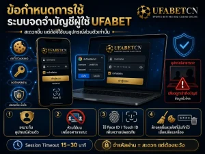 ภาพอินโฟกราฟิกอธิบายระบบจดจำบัญชีผู้ใช้ UFABET ผ่านคุกกี้และการบันทึกรหัสผ่าน พร้อมคำแนะนำให้ใช้เฉพาะอุปกรณ์ส่วนตัวและเปิด Face ID หรือ Touch ID