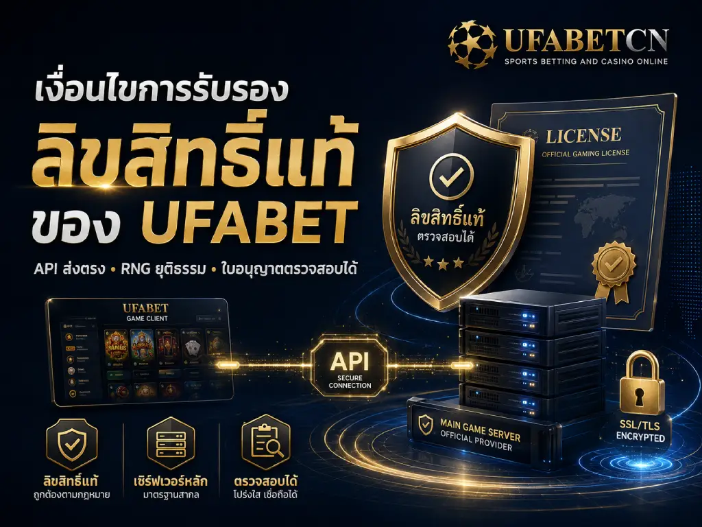 ภาพหน้าปกอธิบายการรับรองลิขสิทธิ์แท้ของ UFABETCN พร้อมใบอนุญาต ระบบ API เชื่อมต่อเซิร์ฟเวอร์หลัก การสุ่ม RNG และการเข้ารหัส SSL/TLS