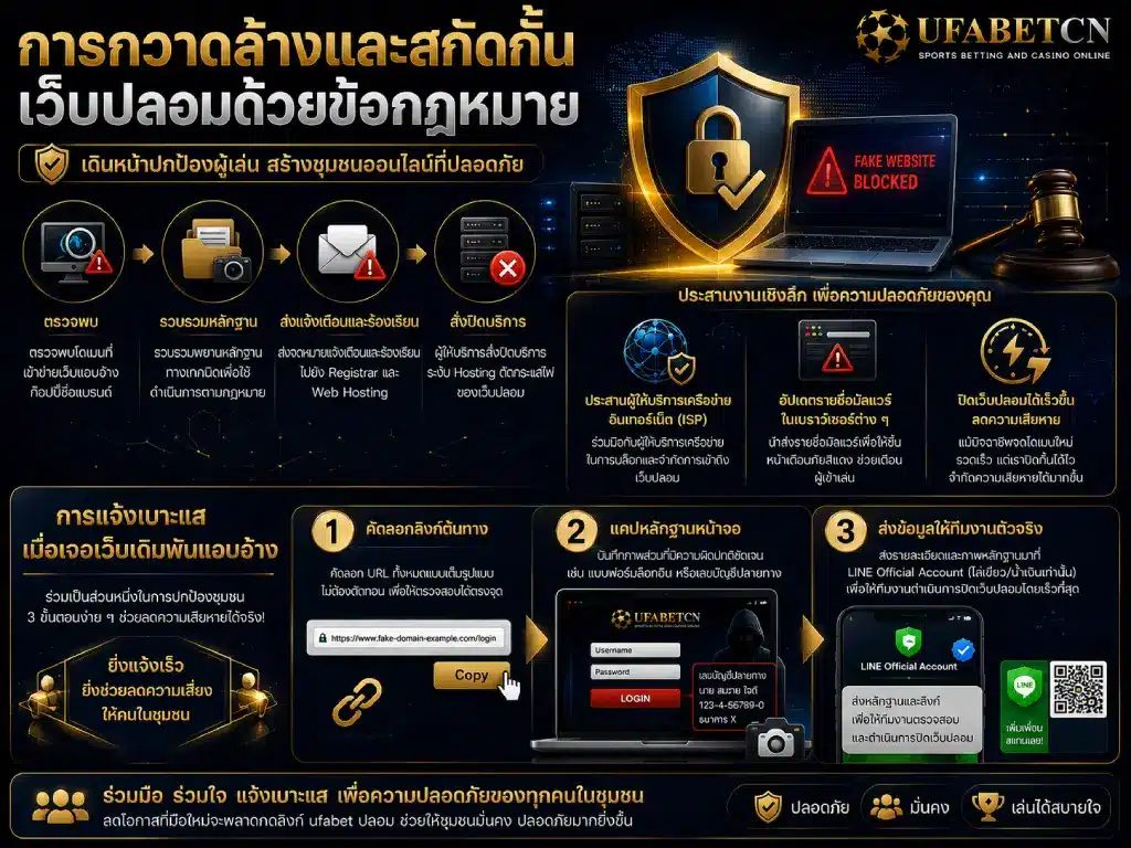 ภาพอินโฟกราฟิกสรุปการกวาดล้างเว็บปลอมที่แอบอ้าง UFABETCN ด้วยการรวบรวมหลักฐาน แจ้ง Registrar และ Web Hosting ประสาน ISP และแจ้งเบาะแสผ่านช่องทางทางการ