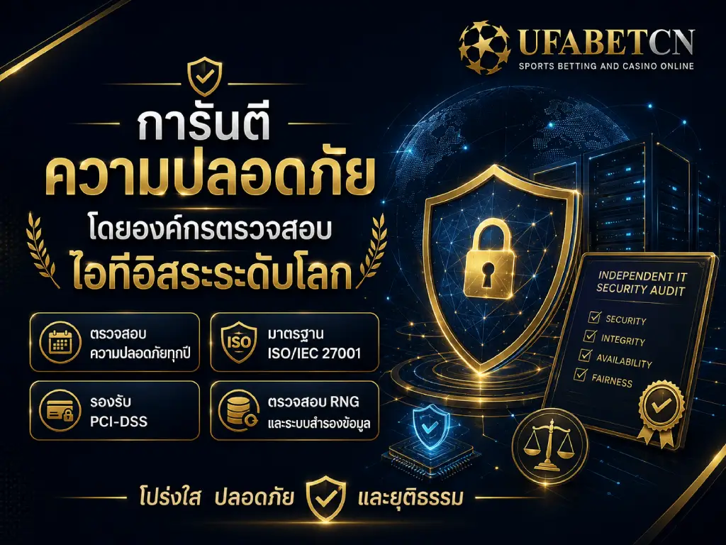 ภาพอินโฟกราฟิกแสดงการตรวจสอบความปลอดภัยของ UFABETCN โดยองค์กรไอทีอิสระ พร้อมมาตรฐาน ISO/IEC 27001, PCI-DSS การตรวจสอบ RNG และระบบสำรองข้อมูล