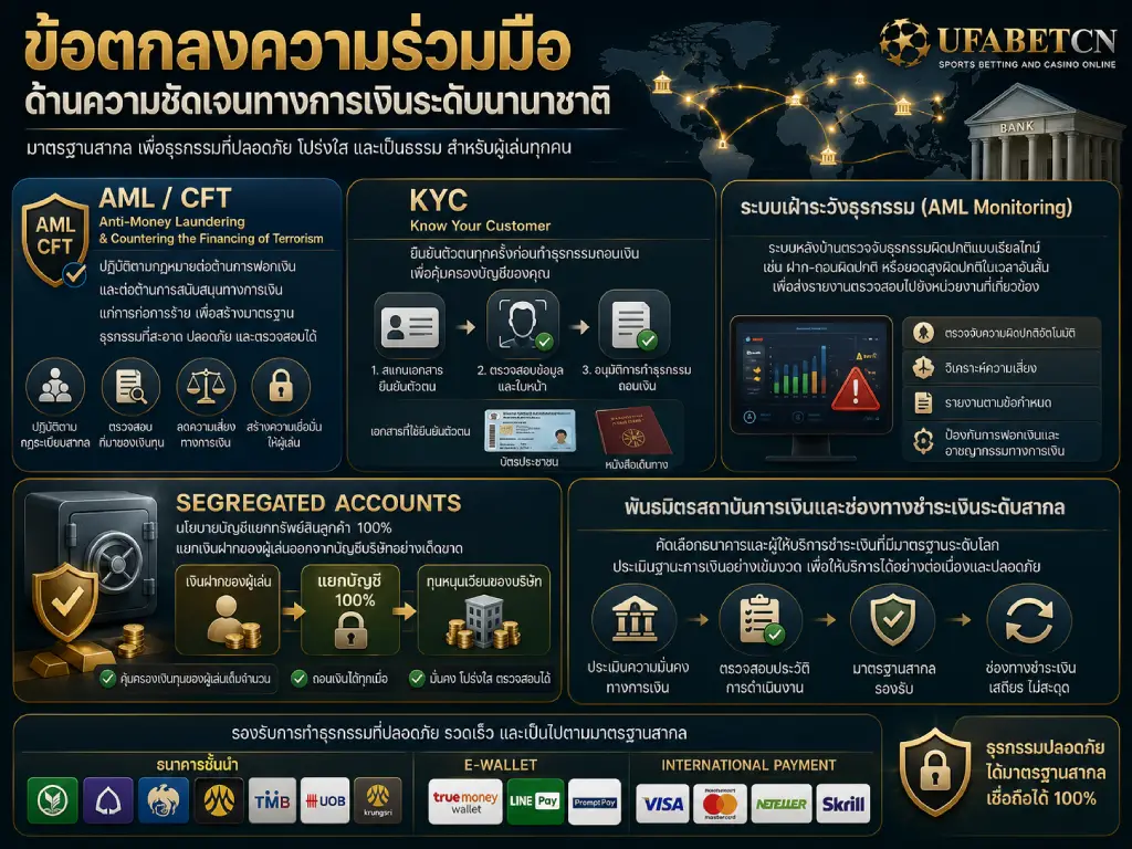 ภาพอินโฟกราฟิกอธิบายมาตรฐานธุรกรรมการเงินของ UFABETCN ทั้ง AML, CFT, KYC การตรวจสอบธุรกรรม บัญชีแยกทรัพย์สินลูกค้า และพันธมิตรช่องทางชำระเงินระดับสากล