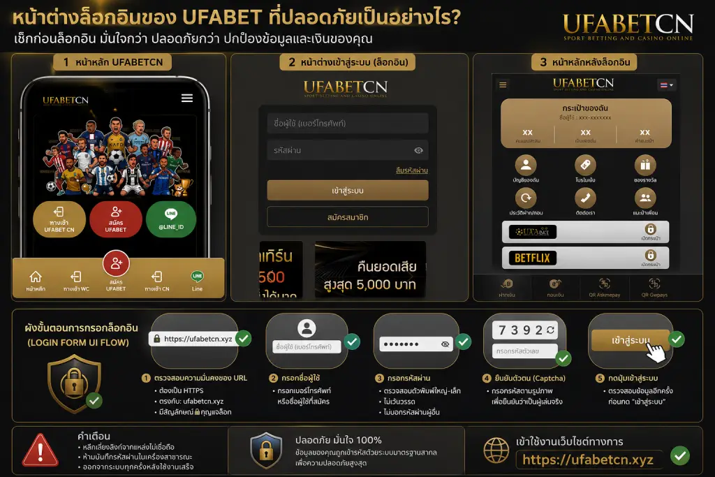 ภาพอินโฟกราฟิกอธิบายหน้าต่างล็อกอิน UFABETCN ที่ปลอดภัย พร้อมตัวอย่าง URL https://ufacn.net หน้าฟอร์มเข้าสู่ระบบ และขั้นตอนตรวจสอบก่อนล็อกอิน