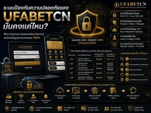 ภาพอินโฟกราฟิกสรุประบบป้องกันความปลอดภัยของ UFABETCN พร้อมการเข้ารหัส SSL/TLS 1.3 และ AES-256 ระบบป้องกัน DDoS การสำรองข้อมูล และการตรวจสอบช่องโหว่