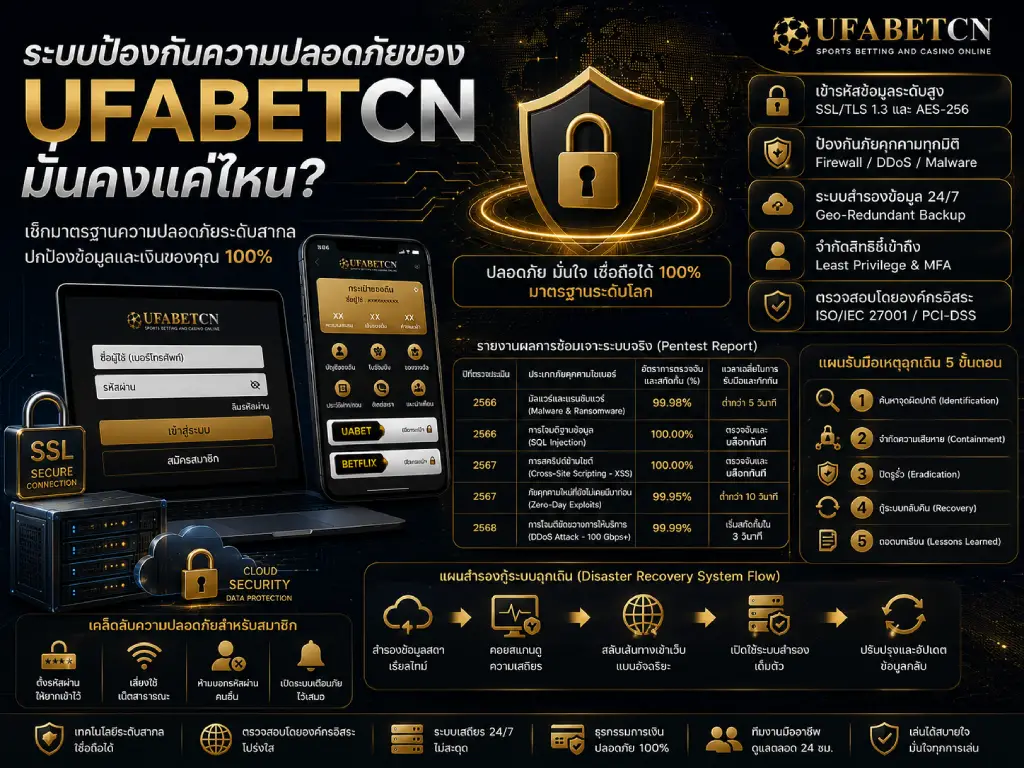 ภาพอินโฟกราฟิกสรุประบบป้องกันความปลอดภัยของ UFABETCN พร้อมการเข้ารหัส SSL/TLS 1.3 และ AES-256 ระบบป้องกัน DDoS การสำรองข้อมูล และการตรวจสอบช่องโหว่