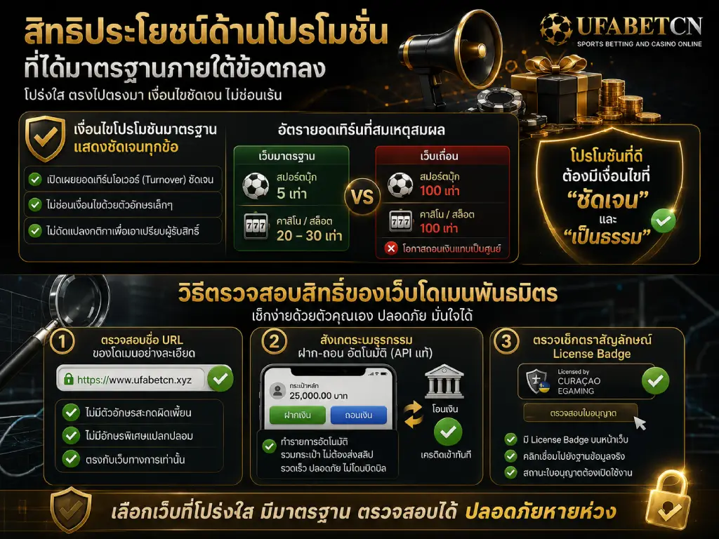 ภาพอินโฟกราฟิกสรุปเงื่อนไขโปรโมชันมาตรฐานของ UFABETCN พร้อมเปรียบเทียบยอดเทิร์นโอเวอร์ และวิธีตรวจสอบ URL ระบบฝากถอนอัตโนมัติ และตราใบอนุญาตของเว็บพันธมิตร